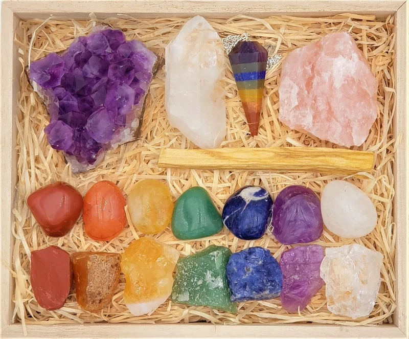ZATNY Deluxe Healing Crystals in Wooden Box - 7 Chakra Set Tumbled & Raw Stones, Rose Quartz, Amethyst Cluster, Crystal Points, Chakra Pendulum, 82 Page E-Book + Reference Guide Poster, Ribbon Bow