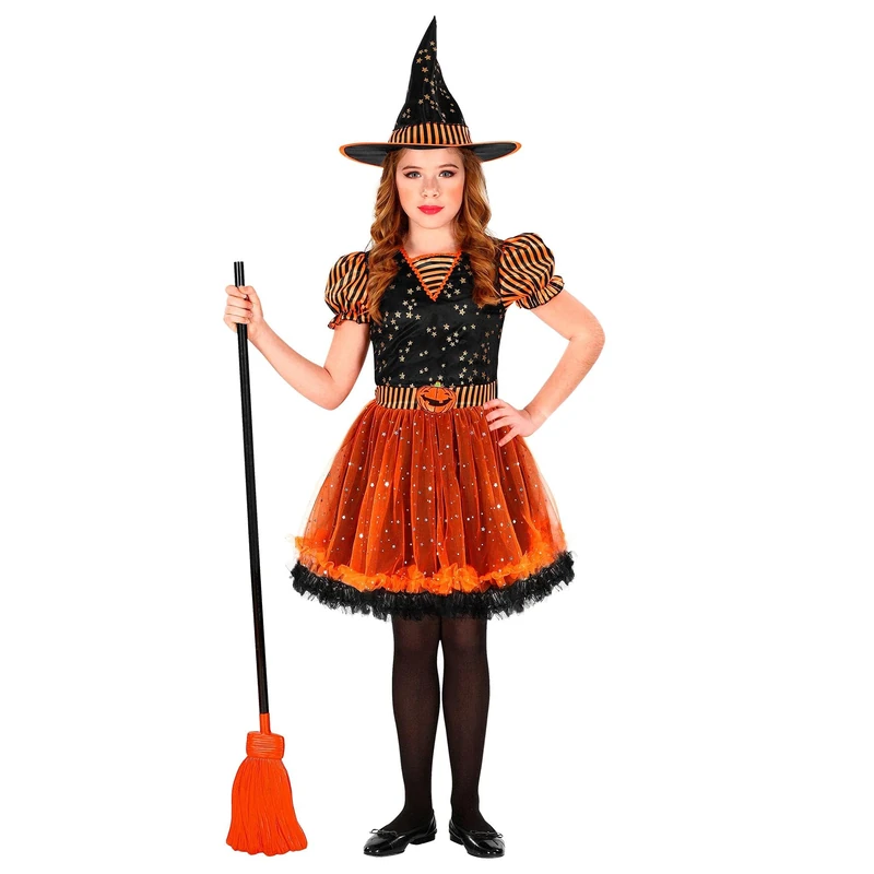 Widmann WITCH Costume - Black and Orange Dress and Hat (140cm)