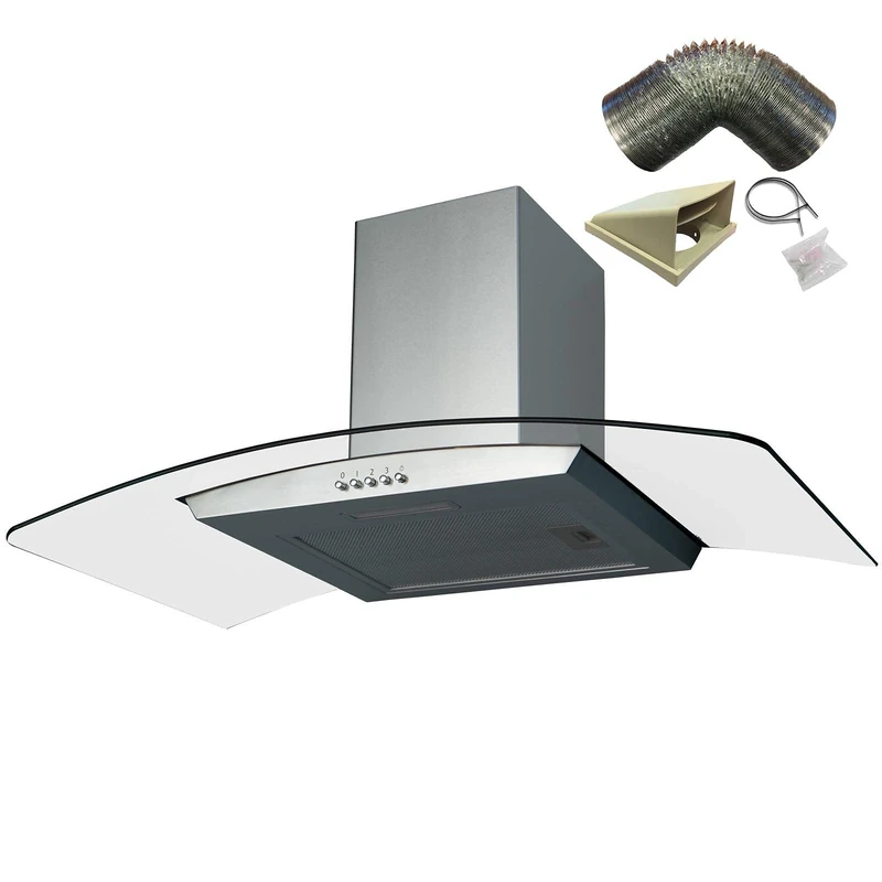 SIA CGH90SS 90cm Curved Glass Stainless Steel Chimney Cooker Hood and 3m Ducting