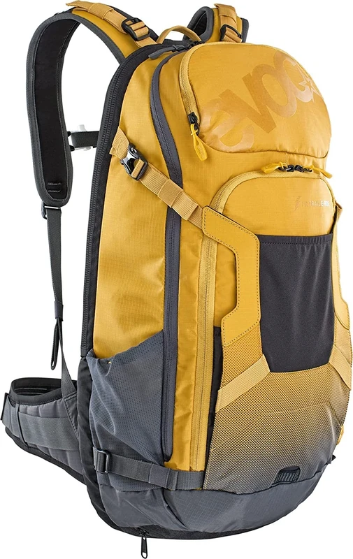 EVOC FR TRAIL E-RIDE 20L protector backpack for e-mountain bikes (separate battery compartment, ergonomic LITESHIELD BACK PROTECTOR, LITESHIELD SYSTEM AIR ventilation), Clay Yellow/Carbon Grey