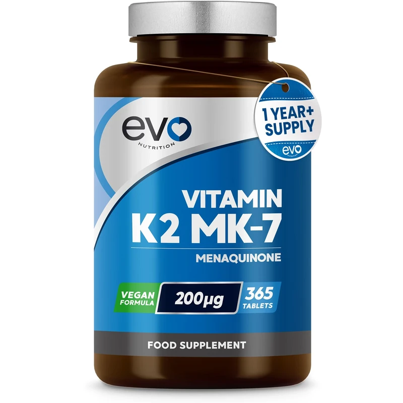 EVO NUTRITION Vitamin K2 MK-7 200mcg | 365 Vegetarian and Vegan Tablets (not Capsules) | 1-A-Day | Supports Maintenance of Normal Bones | One Years Supply of High Strength Vitamin K2 Menaquinone MK7