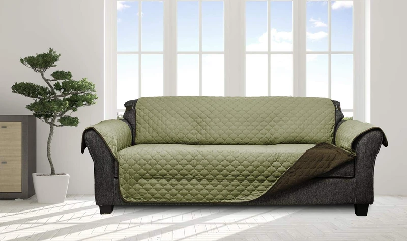 Quick Fit Jeremy Sherpa Reversible Water Resistant Microfiber Sofa Cover in Taupe, Sage-Chocolate