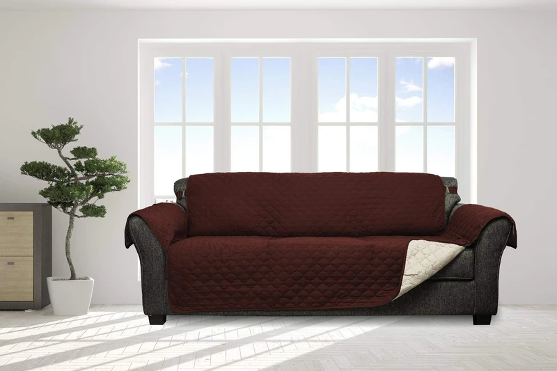 Quick Fit Jameson Reversible Waterproof Microfiber Sofa Cover with Elastic Buckle in Sage-Chocolate, Garnet-Natural