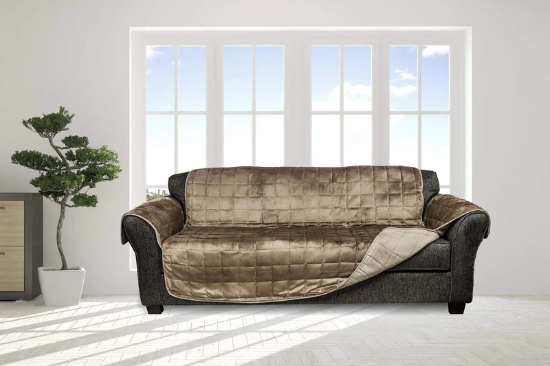 Quickfit Reynold Reversible Water Resistant Microfiber Loveseat Pockets in Chocolate-Natural, Taupe-Mocha, Sofa Cover