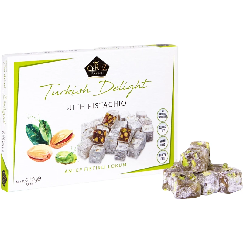 Cerez Pazari Turkish Delight Pistachio Candy Gourmet Premium Vegan Sweets Small Gift Box 210g, Sweet Luxury Traditional Confectionery Soft Candy Dessert Glucose Free Lokum (Loukoumi)