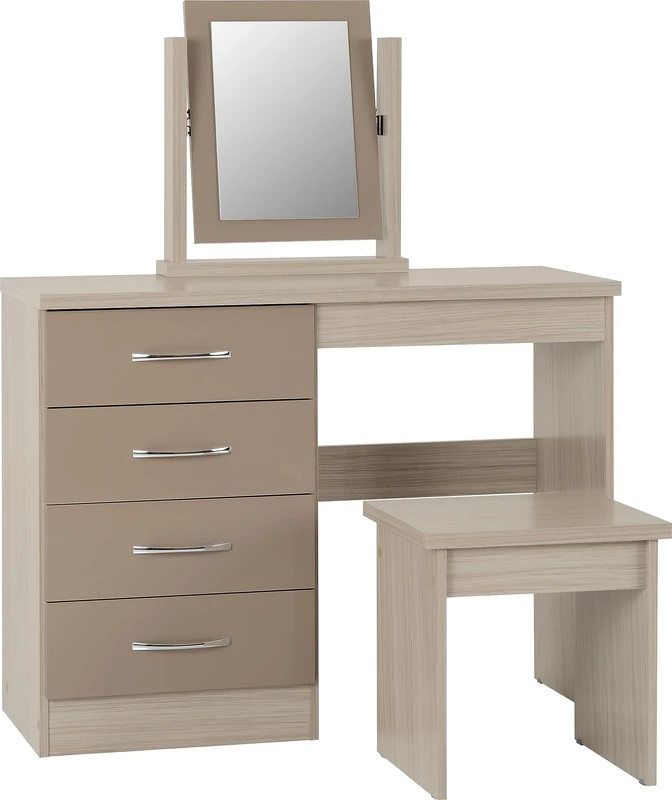 Seconique Nevada Dressing Table Set in Oyster Gloss/Light Oak Effect Veneer