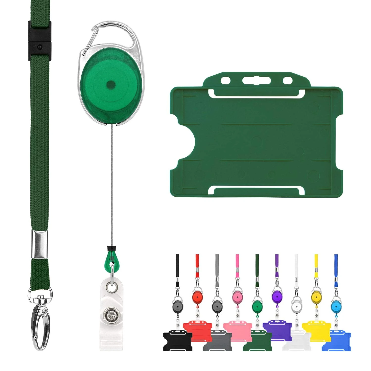 Retractable Lanyard and Badge Holder Trio Triple Pack by LanyardsTomorrow - Set Includes A Single Plain Lanyard, Extendable Carabiner Yoyo Reel Clip and Rigid ID Card Holder (Green)