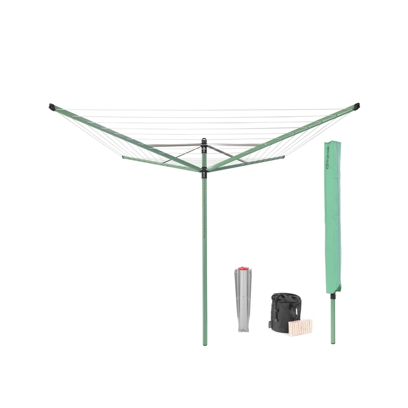 Brabantia - Lift-O-Matic - 50 Metres of Clothes Line - Adjustable in Height - UV-Resistant & Non-Slip Lining - Umbrella System - with Ground Spike 45 mm, Cover & Peg Bag - Leaf Green - ø 295 cm