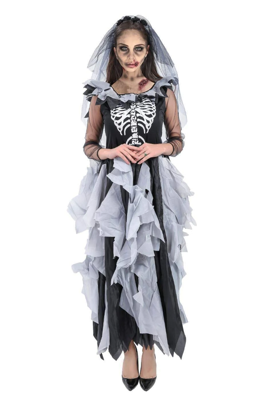 Forever Young Deluxe Ladies Zombie Bride Costume Adult Day of The Dead Skeleton Halloween Outfit (UK 10)