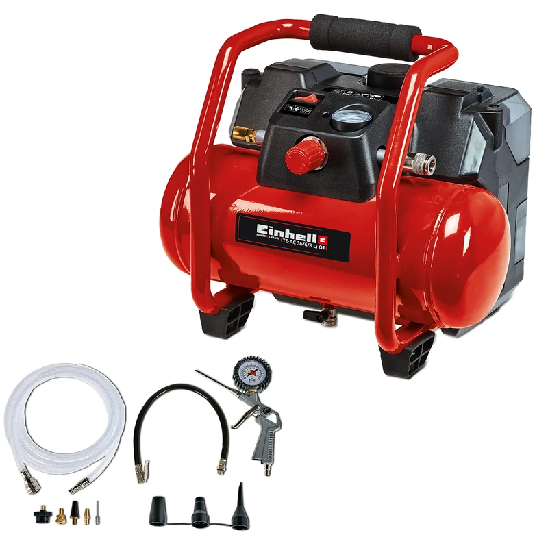 Einhell 4020450 Cordless Compressor TE-AC 36/6/8 Li OF Set PXC (2 x 18 V, Lithium-ion, Maximum 8 bar, 6 Litre Tank, Oil-Free Motor, Include Acessories, Supplied without a Battery or Charger), Red, Black, 33.5 cm*38.8 cm*29.8 cm