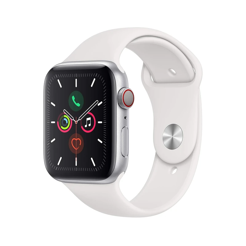 Apple Watch Series 5 (GPS + Cellular, 44mm) - Silver Aluminium Case with White Sport Band - Image 1
