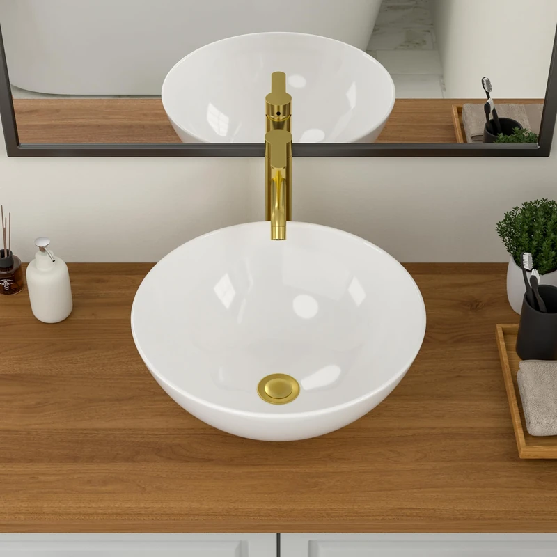 Logmey 16"x16" Modern Round Bowl Above Counter White Porcelain Ceramic Bathroom Vessel Vanity Sink Art Basin
