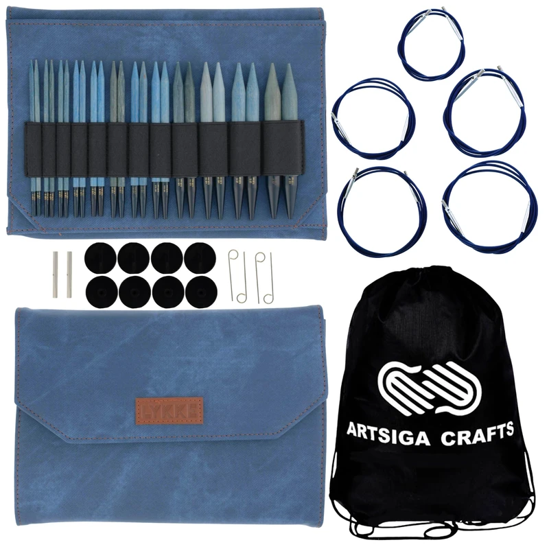 Lykke 13cm Driftwood Interchangeable Circular Knitting Needles Set with ArtSiga Crafts 5-inch-(13cm) Bag - Tip-Set Indigo
