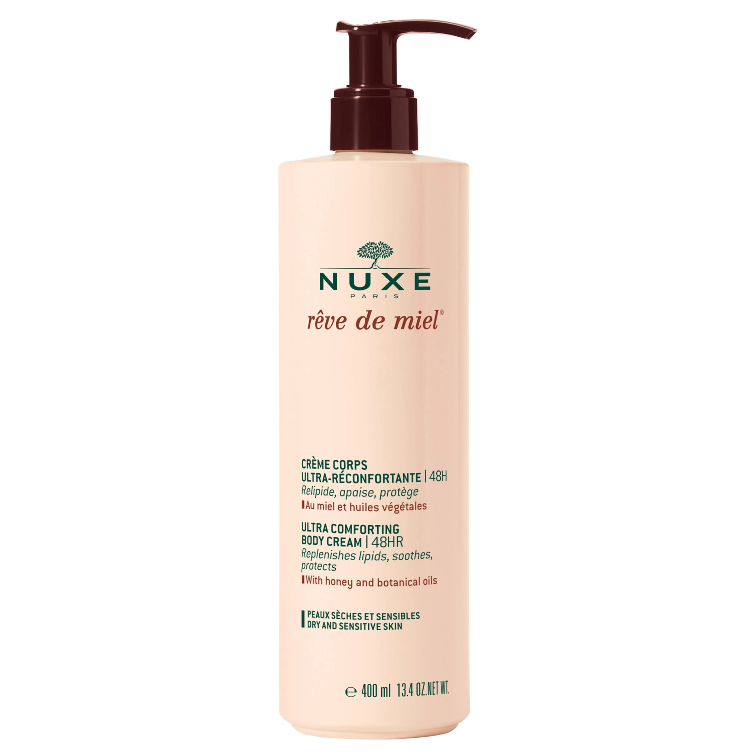 Nuxe Rêve de Miel Ultra-Comforting Body Cream 400ml, 48-Hour Moisturising Body Cream, Reduces Redness & Soothes Tugging Sensations, For Lasting Comfort, Vegan Formula