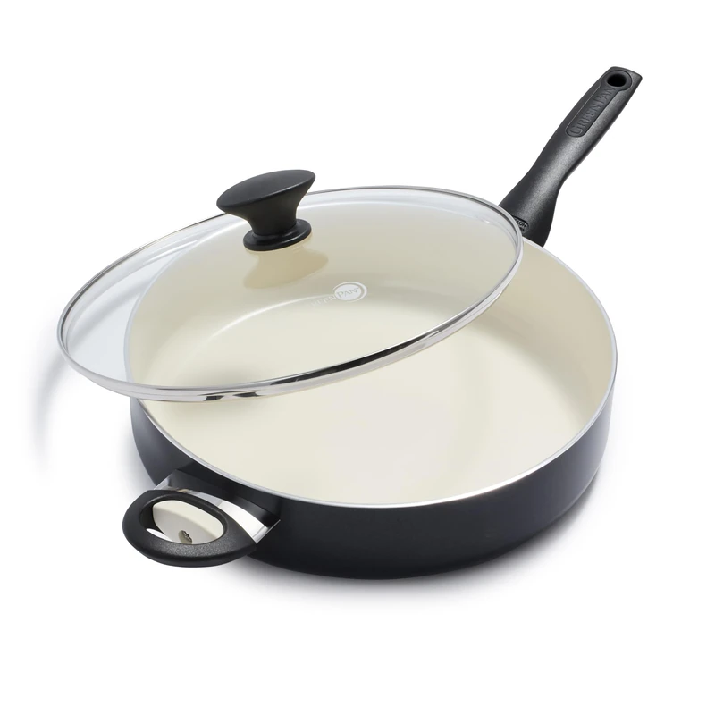 GreenPan Rio Healthy Ceramic Non-Stick 30cm/4.8 Litre Sauté Pan with Lid, PFAS Free, Stay-Cool Handle, Oven Safe up to 160°C, Black & Cream