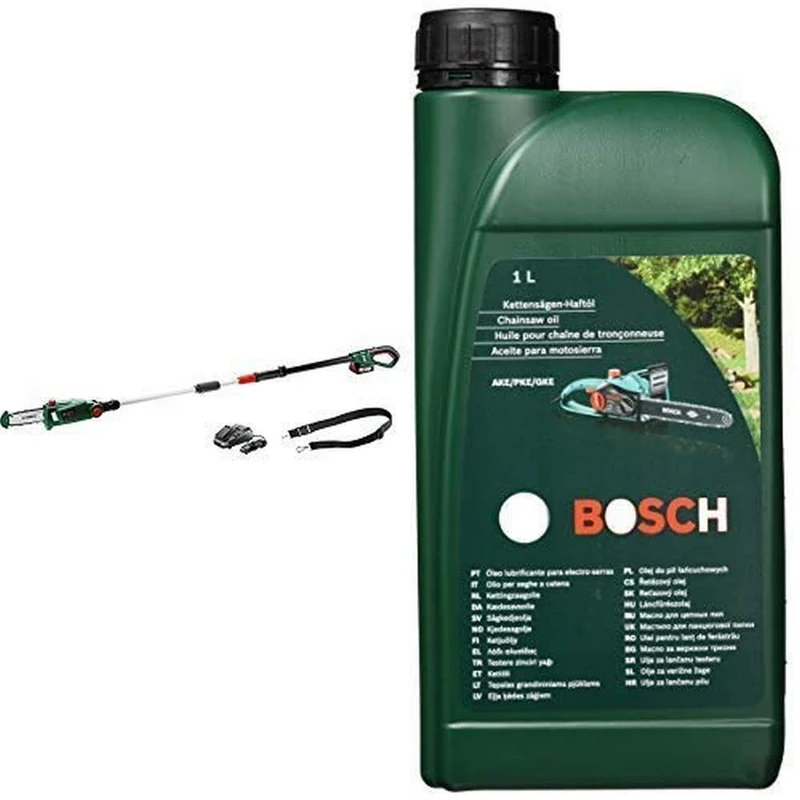 Bosch Home and Garden UniversalChainPole 18 Cordless Telescopic Chainsaw with 18 V Lithium-Ion Battery + Chainsaw Oil for Bosch AKE Chainsaws, Biodegradable, 1 L