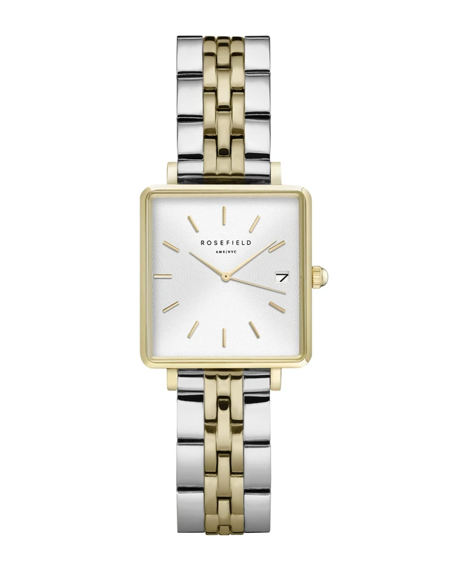 Rosefield Women's Watch The Boxy XS Gold Square Case - White Dial with Gold & Silver Steel Strap QMWSSG-Q023 - Image 1
