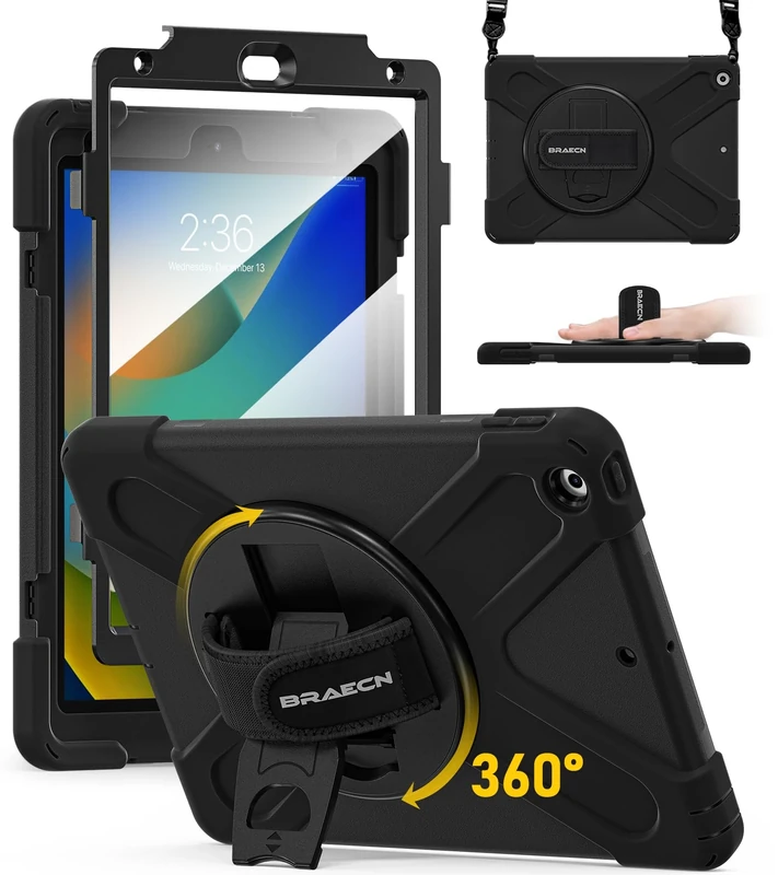 BRAECN for iPad 9th/8th/7th Generation Case 10.2 inch, Heavy Duty Rugged Protective Cover with Built Screen Protector/Hand Strap/Kickstand/Shoulder Strap for iPad 10.2 2021/2020/2019, Black