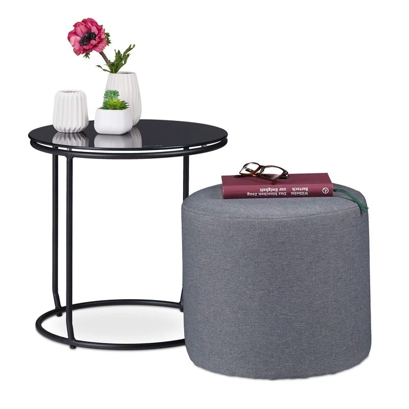 Relaxdays Side Table With Stool, Round, Couch Table & Pouf Combination, Space-saving, HxD 40x40 cm, Black & Grey