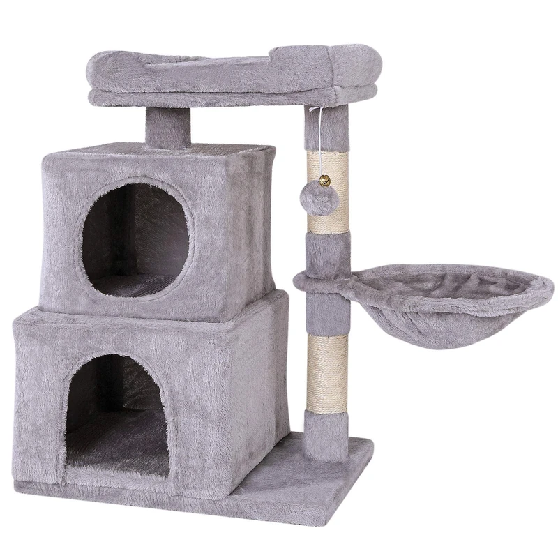 lionto Cat Scratching Post with Plush Ball Including Bell & Lounger Height 70 cm Cat Tree with Sisal & Plush, Cosy Lying Surface & Caves, Suitable for Small and Large Cats, Light Grey