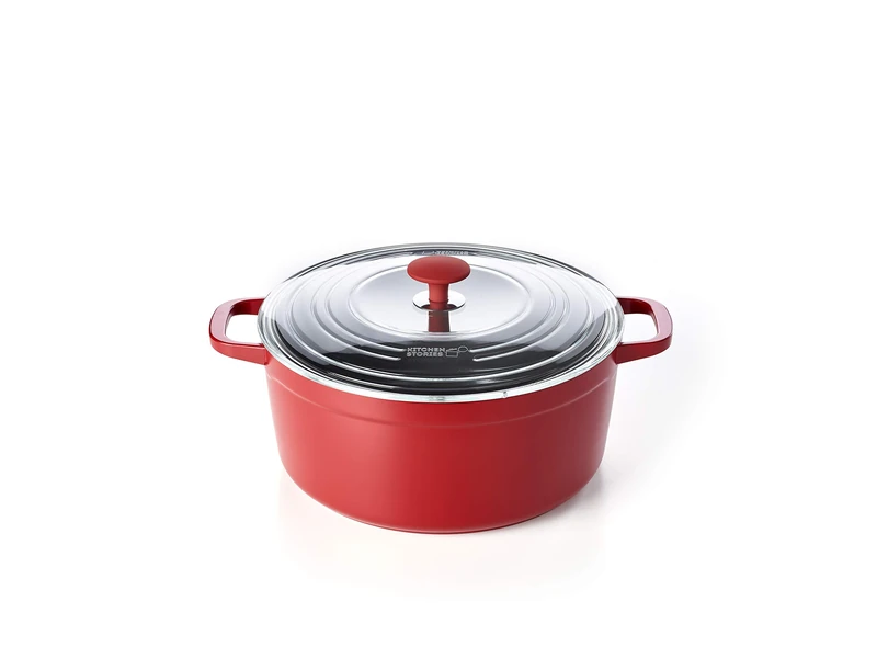 Kitchen Stories CC002642-001 SimmerPro 28cm/6.6L Dutch Oven/Casserole Dish with Tempered Self-basting Lid, Healthy Ceramic Nonstick, Aluminium, Metal Utensil/Induction/Dishwasher/OvenSafe, Red