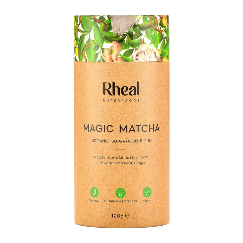 Rheal Magic Matcha, 120g (60 Servings), Organic Ceremonial Grade Japanese Matcha Green Tea Powder, With Lion’s Mane Mushroom & Ashwagandha, Vegan Superfood for Focus & Energy
