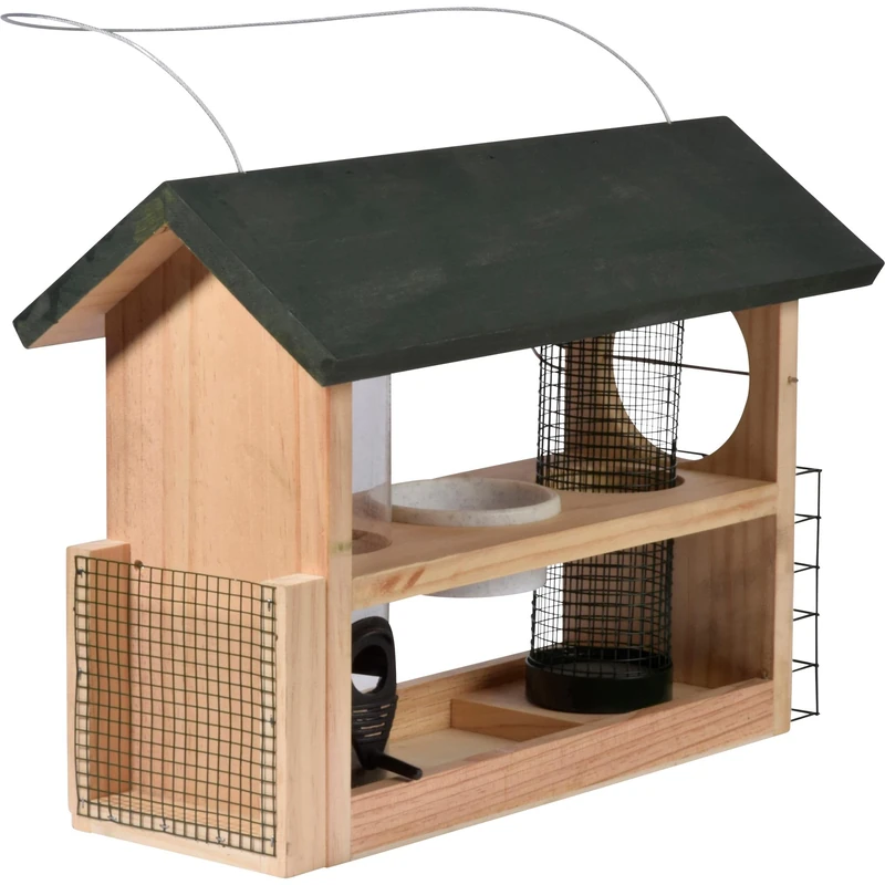 dobar 11518FSC Large 7-in-1 Bird Feeder Wooden Bird Feeder for Hanging Multifunctional Bird House Bird Feeder for Wild Birds 39 x 19 x 29 cm Green