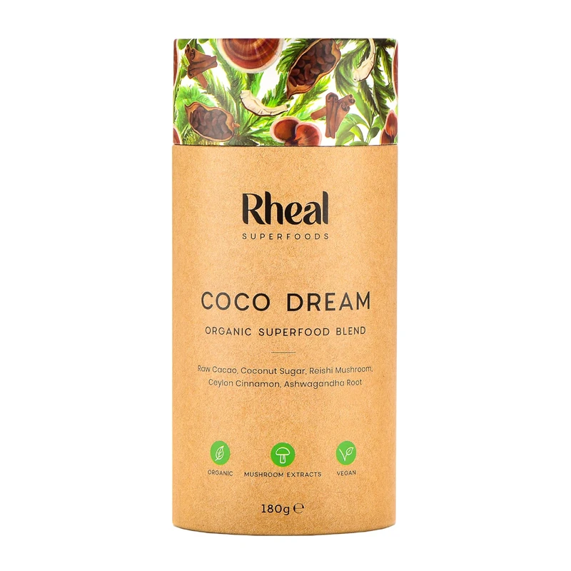Rheal Coco Dream, 180g (30 Servings), Organic Hot Chocolate Powder with Reishi Mushroom & Peruvian Cacao, Low Sugar Bedtime Drink to Relax & Unwind, Natural Ingredients, Vegan