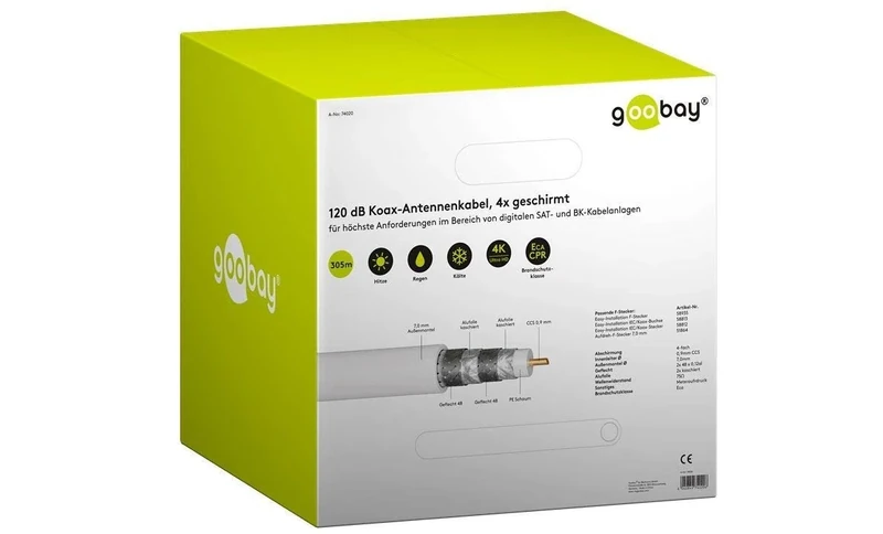 Goobay 74020 120 dB Coaxial Antenna Cable 4x Shielded CCS 305 m White for Highest Requirements in Digital Satellite and BK Cable Systems