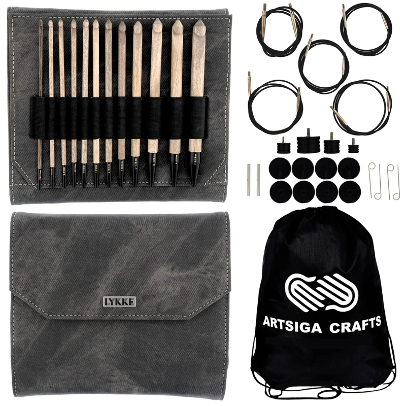 Lykke Driftwood 6-Inch (15cm) Interchangeable Crochet Hook Set Birchwood Set US E4, F5, G6, 7, H8, I9, J10, K10.5, L11, M13, N15, P16 Includes Grey Denim Case Bundled with 1 Artsiga Crafts Project Bag