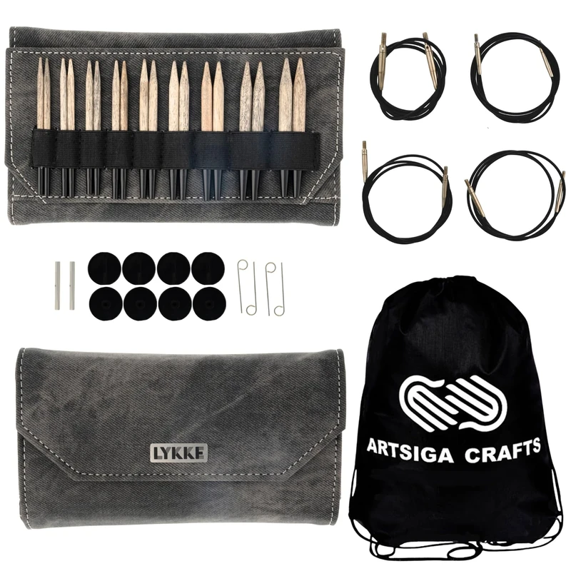 Lykke Driftwood 3.5-Inch (9cm) Interchangeable Circular Knitting Needle Set Birchwood US Sizes 3, 4, 5, 6, 7, 8, 9, 10, & 10.5 Includes Grey Denim Case Bundled with 1 Artsiga Crafts Project Bag