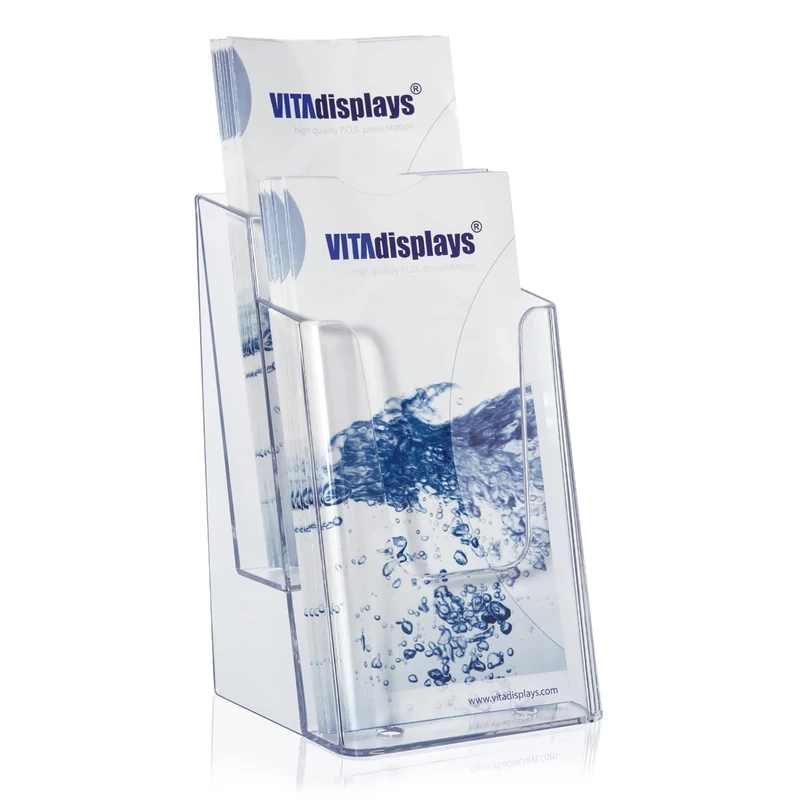 VITAdisplays Flyer Stands DIN Long (DL), DIN A6 (Postcard), 2 Levels, Transparent, Pack of 4