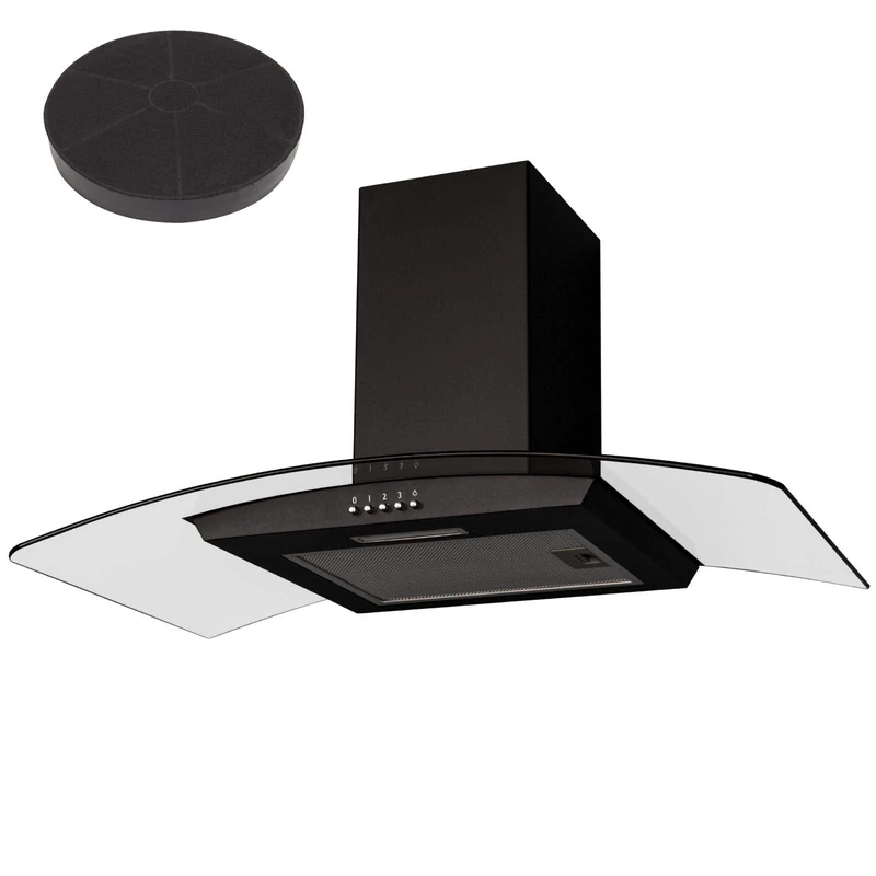 SIA CGH90BL Black 90cm Curved Glass Chimney Cooker Hood Extractor Fan And Filter