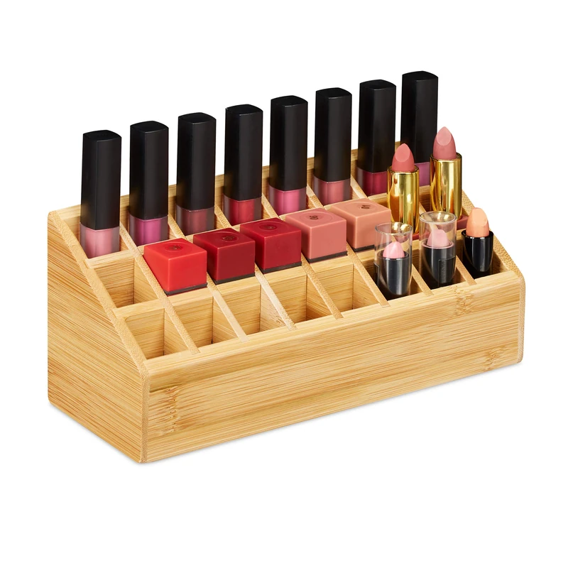 Relaxdays Bamboo Lipstick Organiser, 24 Holders, Natural Look, Rack For Lipsticks & Brush, HWD 10x23x9 cm, Natural