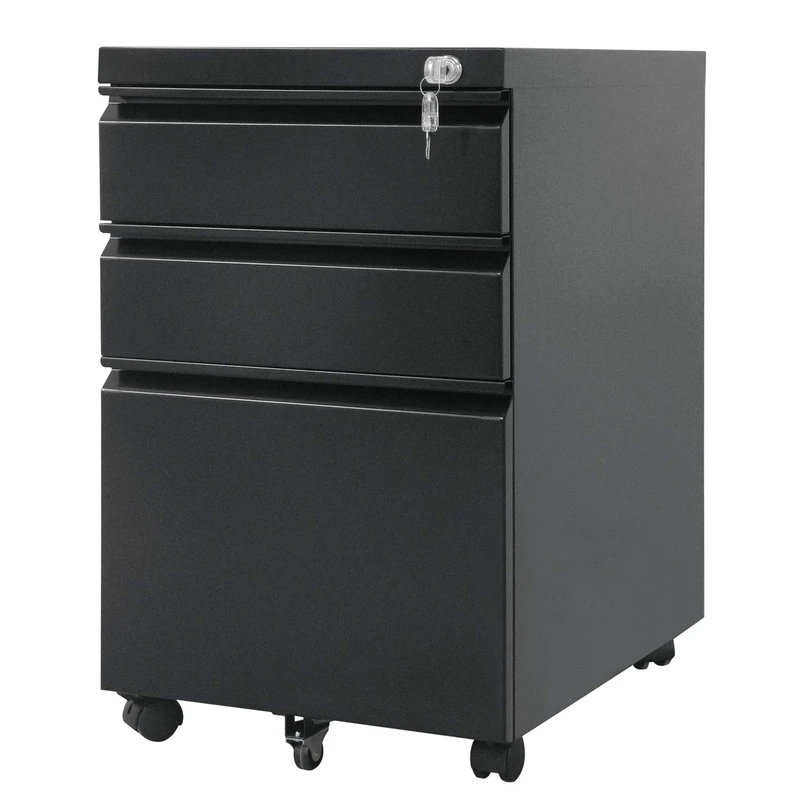 Maclean MC-850 Office Trolley Mobile Lockable Filing Cabinet 3 Drawers 39x64x50cm Matt Black