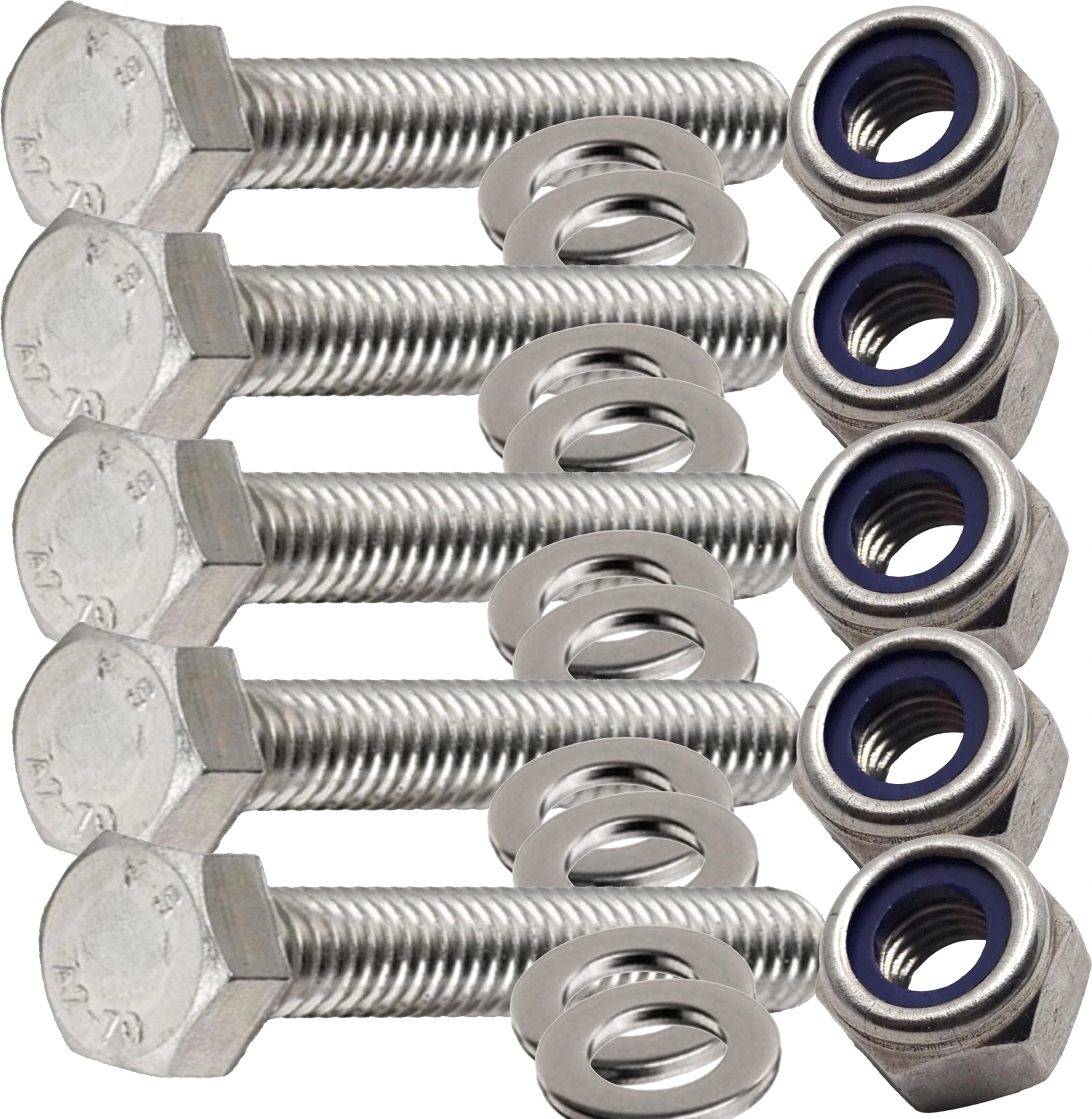 M8 x 60mm Hex Head Bolts Set with Nylon Nuts and Washers Stainless Steel Fully Threaded Bolt (Pack of 5)