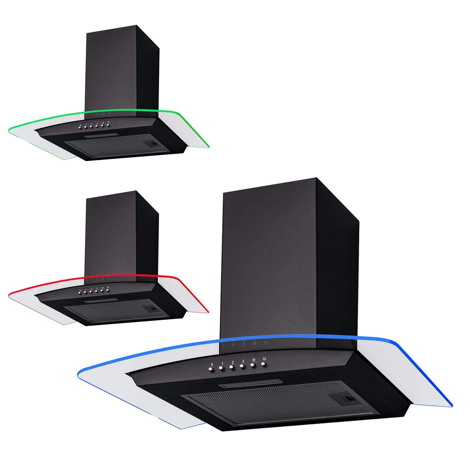 SIA CPLE70BL 70cm Black 3 Colour LED Edge Curved Glass Cooker Hood Extractor Fan