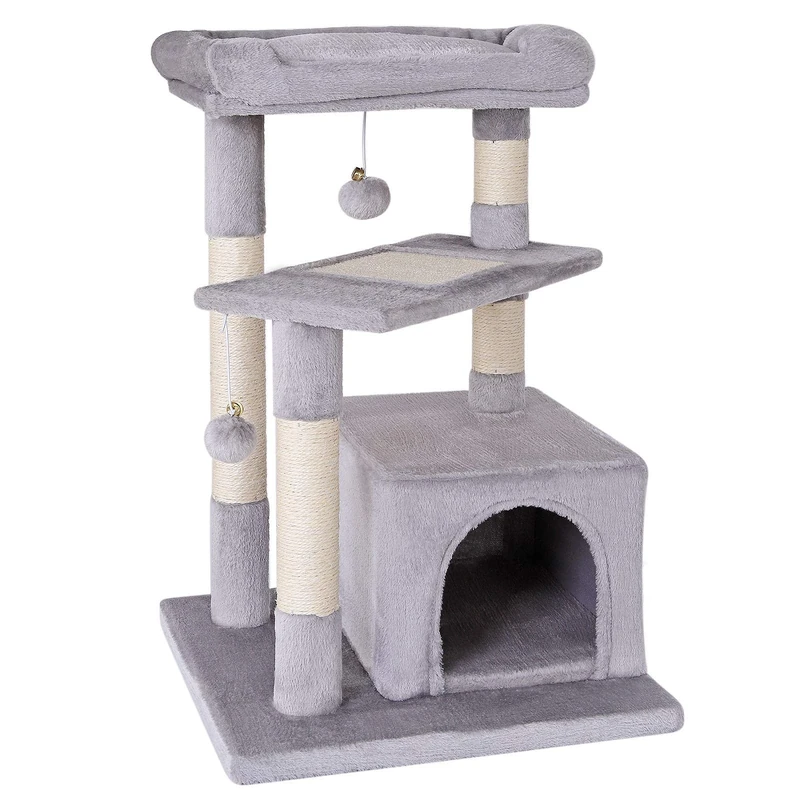 lionto Scratching tree for cats with cozy lying area & cave, height 75 cm, cat tree with sisal rope & soft plush, 2 plush balls incl. bells, suitable for small & large cats, light grey