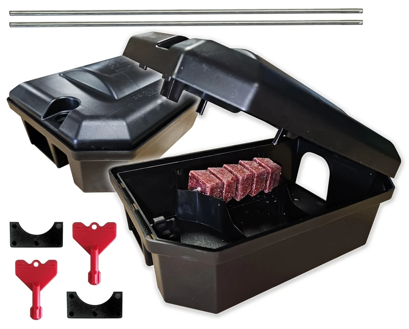 PEST EXPERT – 2 X PRE-BAITED BAIT BOXES | Rat Poisoning Super Strength | Rat/Mouse Bait Blocks & Rodent Box Stations | READY-TO-USE | Fast & Safe Indoor/Outdoor Control | SINGLE FEED POISON – TWINPACK