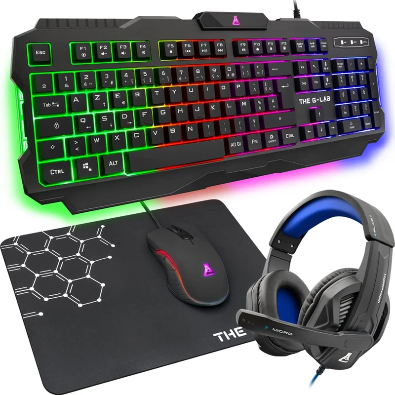 The G-LAB Combo ARGON E – 4 in 1 Gaming Set – Backlit AZERTY Gaming Keyboard, 3200 DPI Gaming Mouse, Microphone Gaming Headset, Non-Slip Mouse Mat – Gaming Pack PC PS4 Xbox One Mac (French Layout)