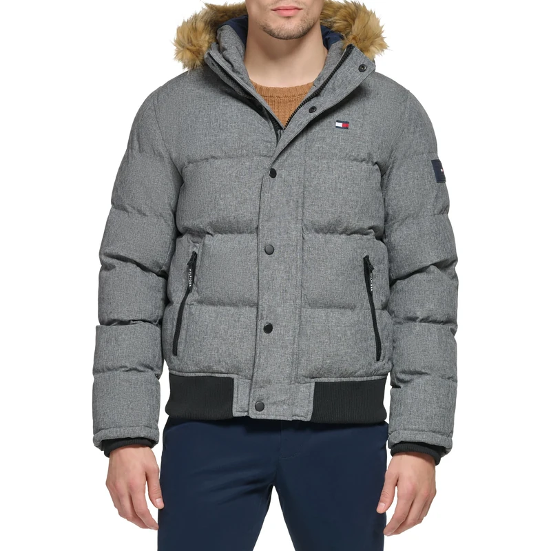 Tommy Hilfiger Men's Arctic Cloth Quilted Snorkel Bomber Jacket Parka, Heather Grey, XS