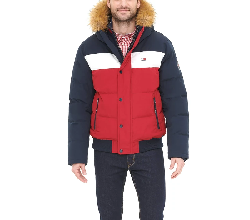 Tommy Hilfiger Men's Arctic Cloth Quilted Snorkel Bomber Jacket Parka, Navy/White/Red, XXL