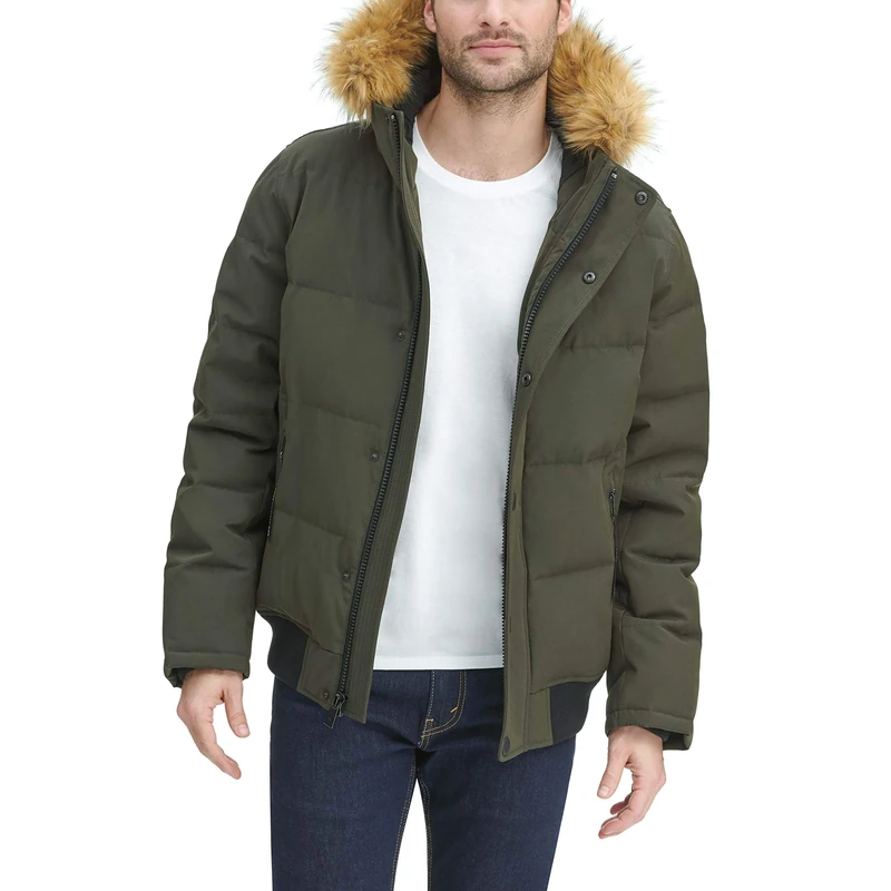 Tommy Hilfiger Men's Arctic Cloth Quilted Snorkel Bomber Jacket Parka, Dark Forest, XXL