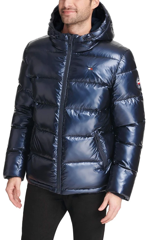 Tommy Hilfiger Men's Hooded Puffer Jacket Down Alternative Coat, Pearlized Navy, M