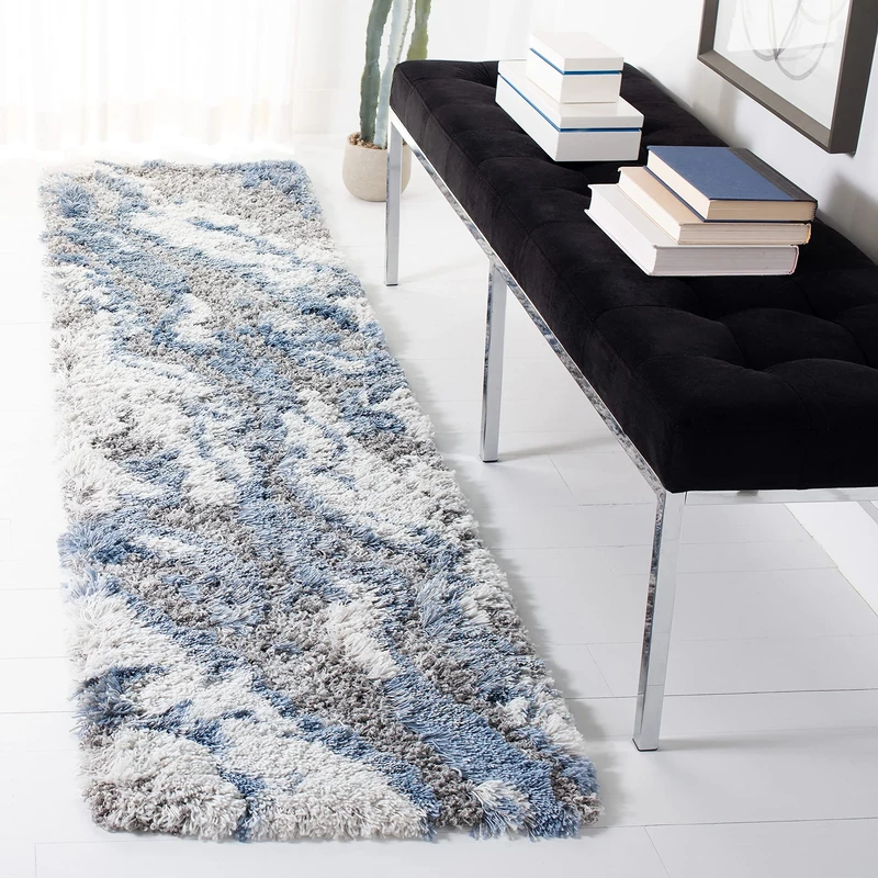 SAFAVIEH Shag Rug for Living Room, Dining Room, Bedroom - Horizon Shag Collection, Short Pile, in Grey and Blue, 61 X 244 cm