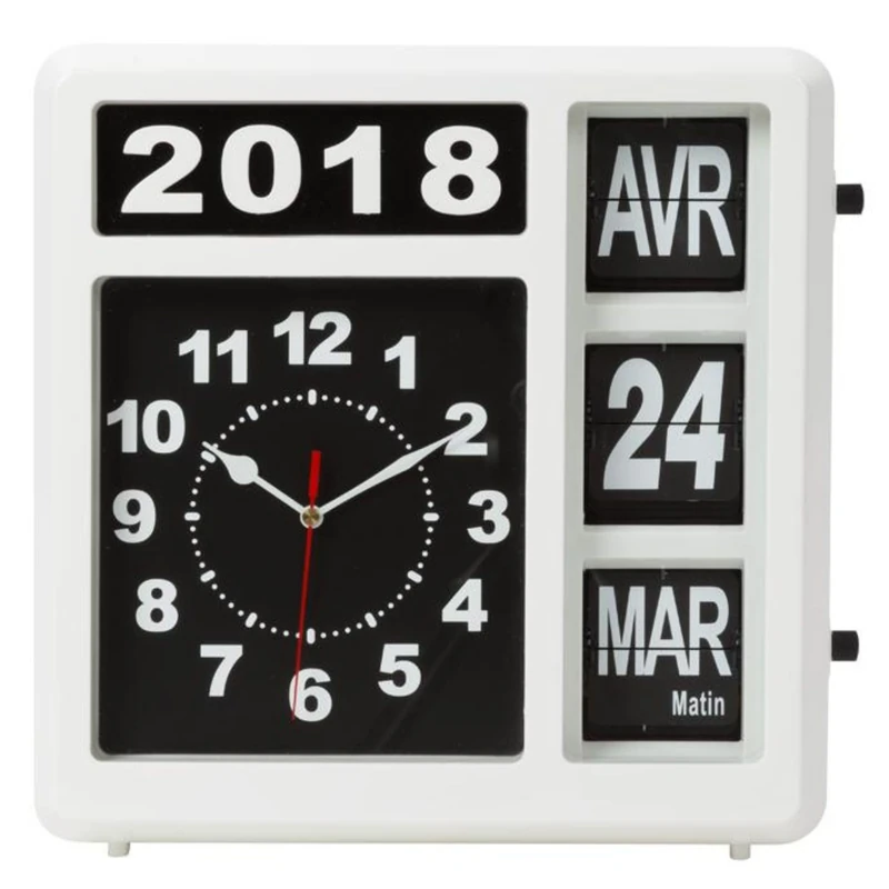 Perel Square Clock with Rocker Calendar, Ideal for the Visually Impaired and Alzheimer's or Dementia, Analog, 31 x 31 cm, White/Black, French Version