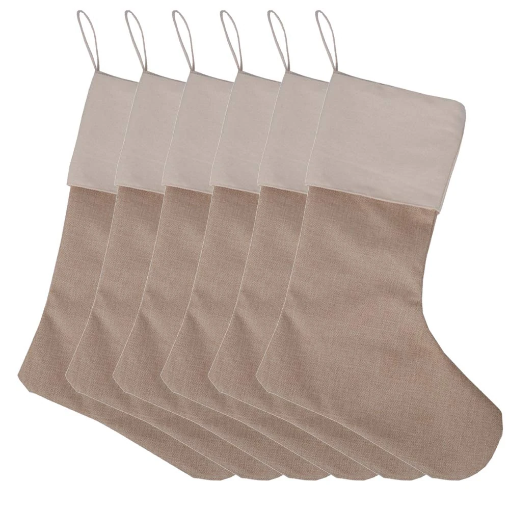 6 Pcs Christmas Holiday Stockings Christmas Hanging Bags Large Personalised Burlap Christmas Stockings Handmade Santa Gift Stocking Washable Jute Socks Gift Treat Bag for Christmas Decorations or DIY