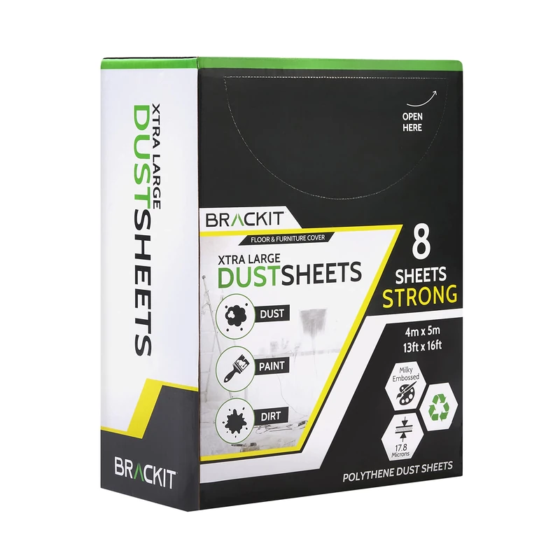 Brackit 8 Pack - Extra Large Dust Sheets for Decorating - 5 x 4m (16 x 13ft) - 20 Micron - Embossed White Plastic Dust Sheets for Painting - Waterproof Plastic Sheet for Furniture Wrapping and Moving