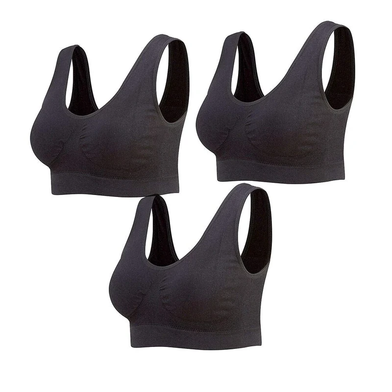 Lemef 3-Pack Seamless Sports Bra Wirefree Yoga Bra with Removable Pads for Women (3* Black, L)