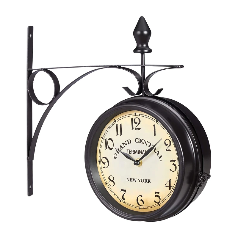 Relaxdays Train Station Clock, Double-sided, Battery-operated, Vintage New York Clock, HWD 35x35x10 cm, Black - Image 1